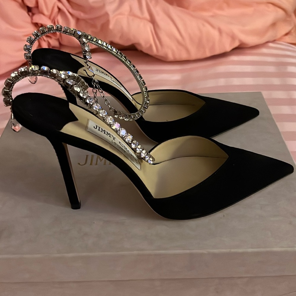 Jimmy choo black suede crystal pumps